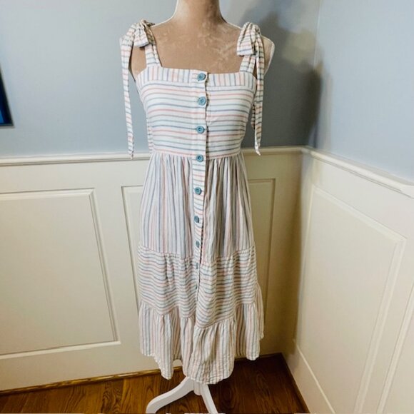 Gal Meets Glam Linen Shoulder Bow Tie Midi Sundress Striped Coastal 2 - Picture 3 of 10